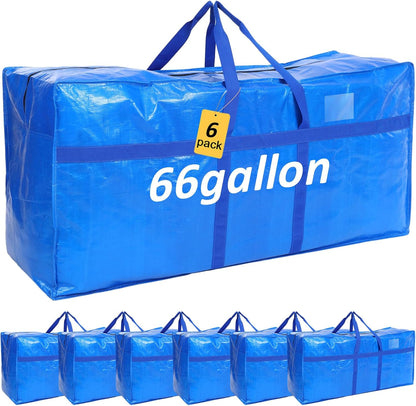 6 Pcs 66 Gallon Large Moving Bags with Zipper and Handles Foldable Storage Duffle Bags Heavy Duty