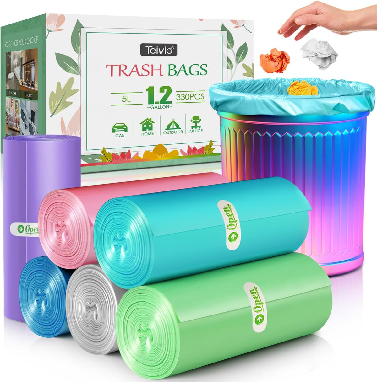 1.2 Gallon/330pcs Strong Trash Bags Colorful Clear Garbage Bags by Teivio, Bathroom Trash Can Bin