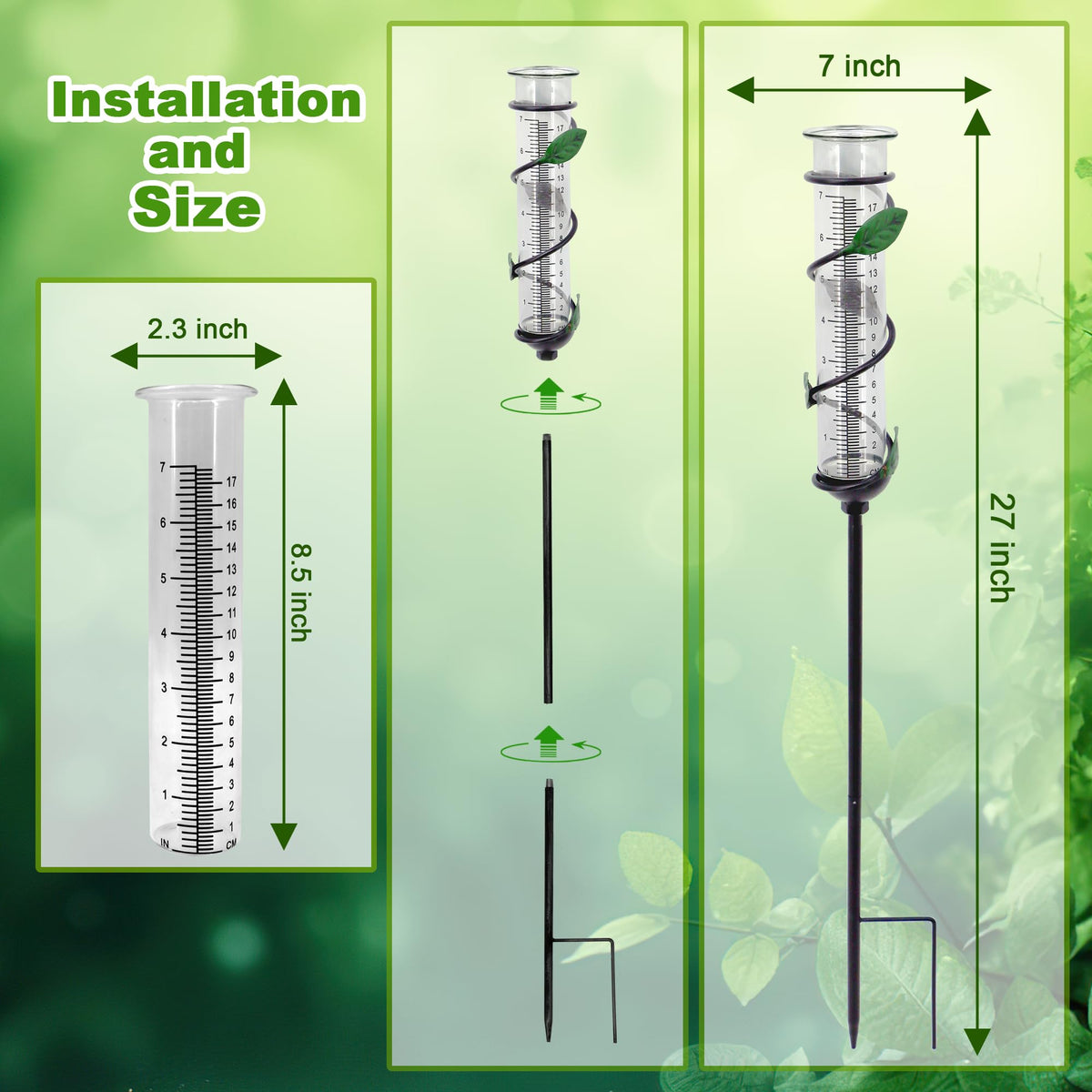 YNGFIL 27" Garden Rain Gauge - 7" Plastic Tube for Outdoor Indoor Use, Patio Yard Decor Statue