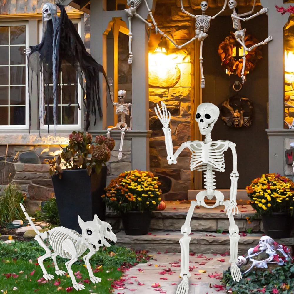 YUJUN 36'' Halloween Skeleton Decoration with 2Head Dog Skeleton, Full Body Posable Skeleton