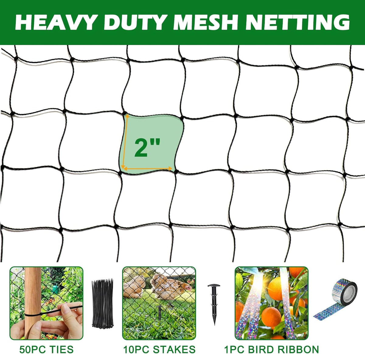 Bird Netting 25'x50' with 2" Mesh Garden Net with Bird Scare Tape, Avian Nettings for Chicken Coop