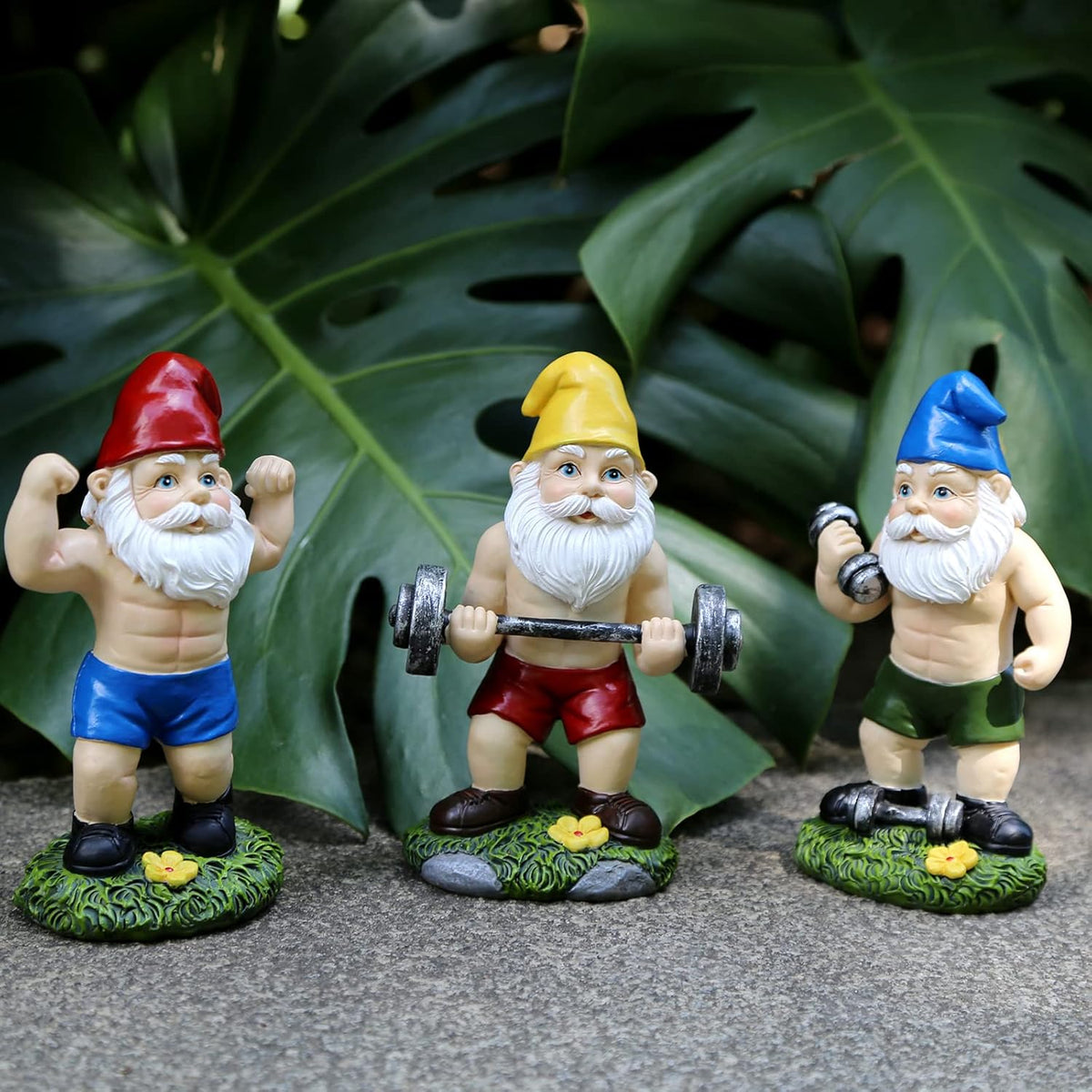 Funny Workout Garden Gnomes Statues 3pcs 6.2 Inches Outdoor Muscular, Barbell and Dumbbell Gnomes