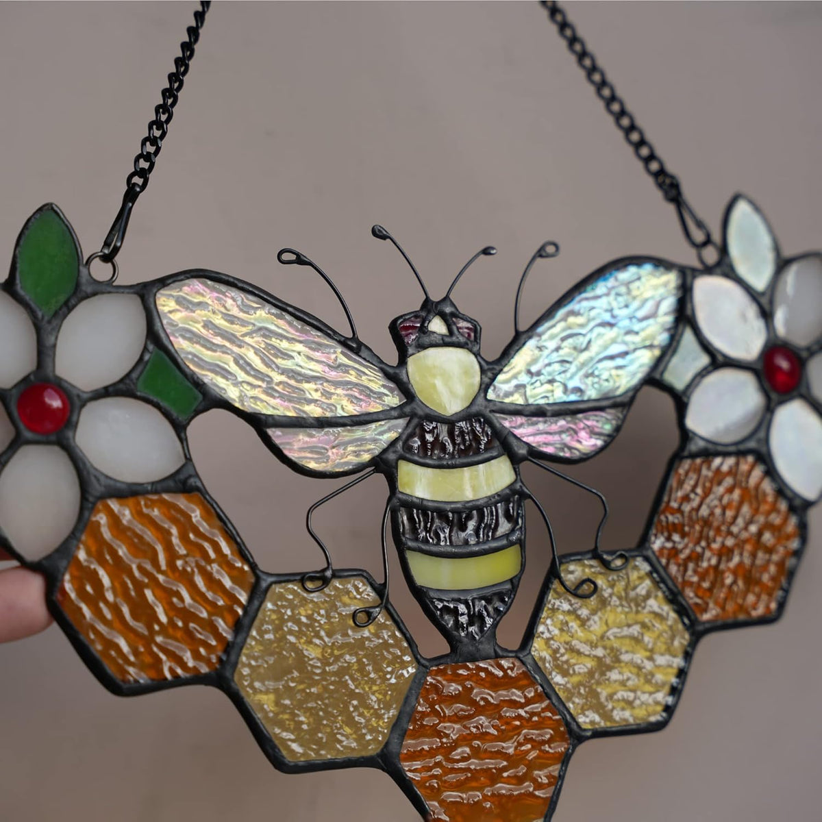 Bee Decor Stained Glass Window Hanging,Honeybee Honeycomb with Flowers Suncatcher for Window,Wall