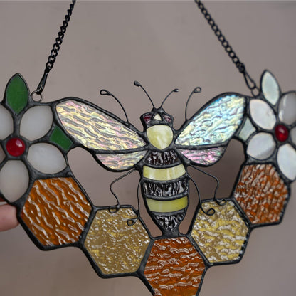 Bee Decor Stained Glass Window Hanging,Honeybee Honeycomb with Flowers Suncatcher for Window,Wall