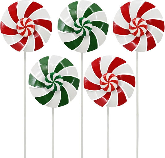 5pcs Wind Spinners Metal Colorful Flowers Garden Stake, Christmas Lollipop Pinwheels, 27" Metal