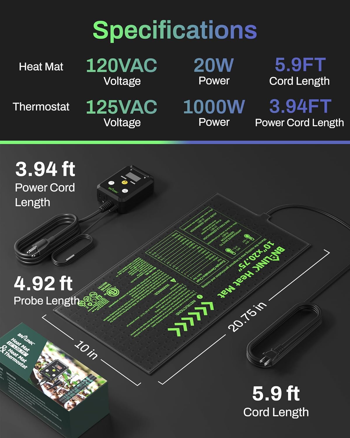 BN-LINK Seedling Heat Mat with Thermostat Controller Combo Set, 10" x 20.75" Plant Heating Mat for