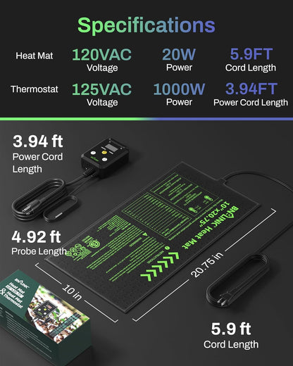BN-LINK Seedling Heat Mat with Thermostat Controller Combo Set, 10" x 20.75" Plant Heating Mat for