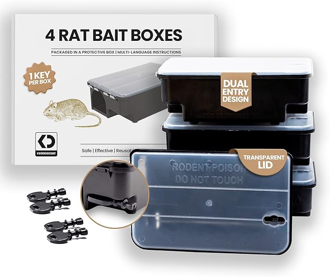 Köder-Discount Mouse & Rat Trap (Bait Not Included) – 4 Lockable Rat Bait Stations with Clear Lid &
