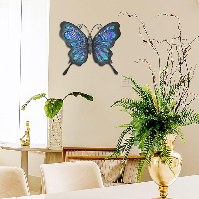 HONGLAND Metal Butterfly Wall Decor Outdoor Indoor Art Sculpture Hanging Glass Decorations Blue for