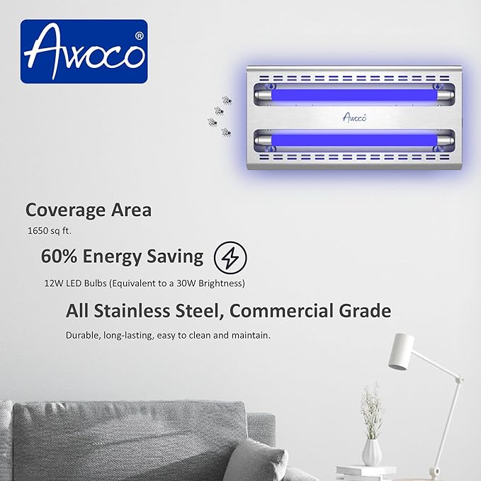 Awoco 12W LED Stainless Steel 100V-240V Wall Mount Sticky Fly Trap Lamp for Capturing Flies
