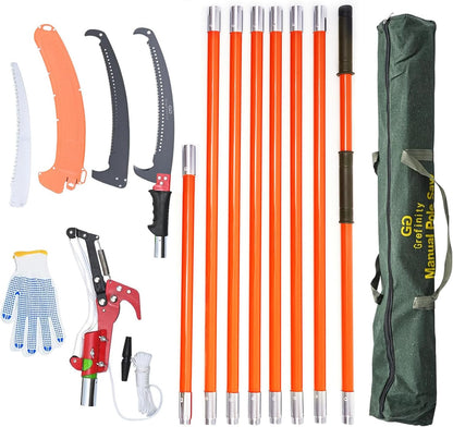 27FT Manual Pole Saw, Tree Branch Trimmer with 8-Section Fiberglass Handle, Sharp Steel Blade and