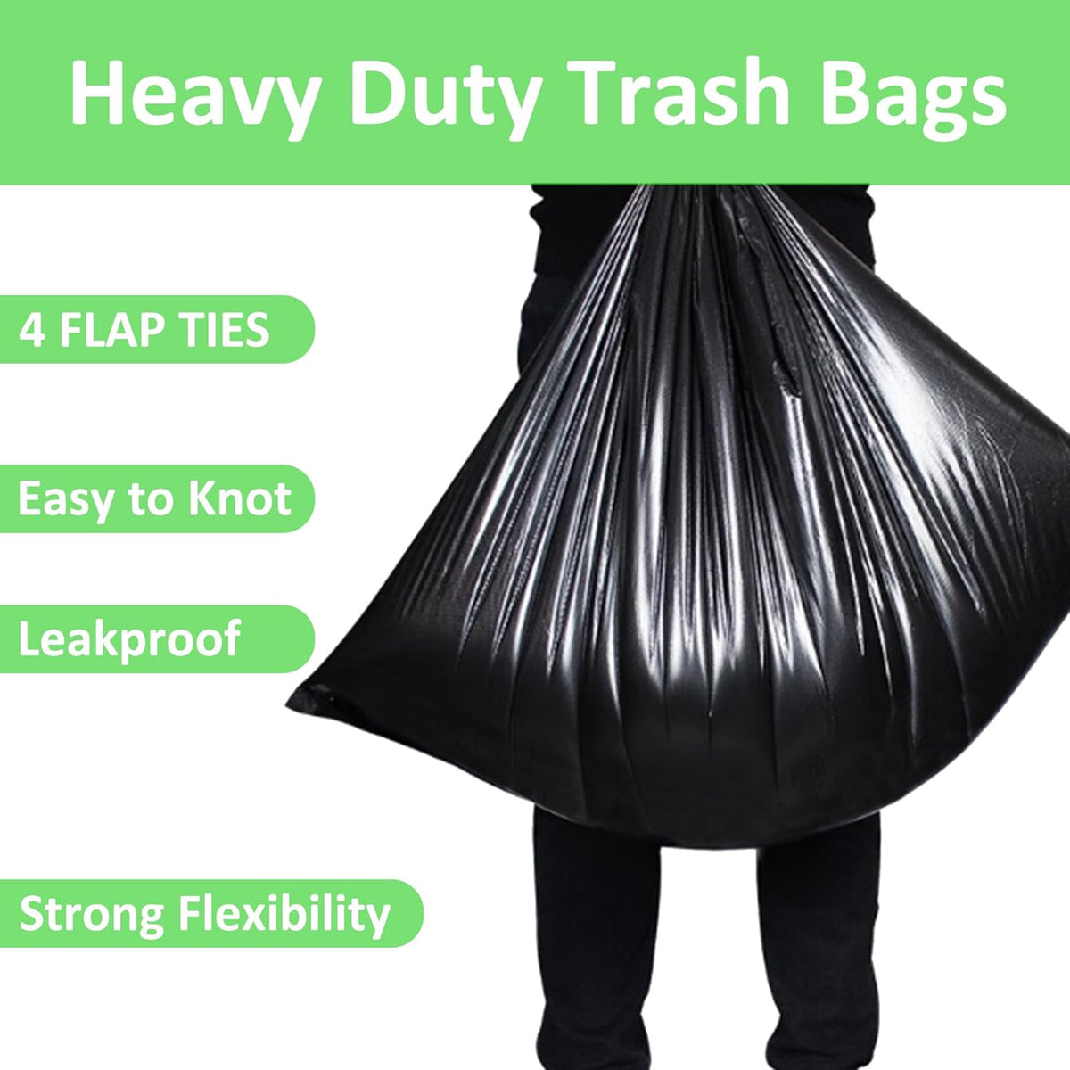 30-33 Gallon 1.1 Mil Heavy Duty Trash Bags 60 Count with 4 Innovative Flap Ties | Compatible with