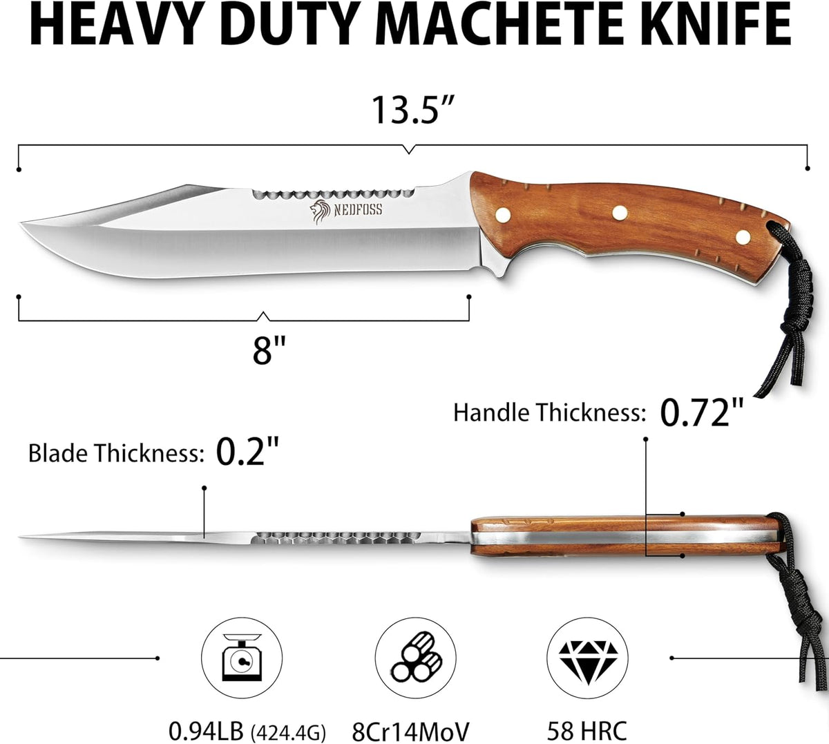 NedFoss 13.5" Machete Knife with Leather Sheath, Strong 8Cr14Mov Steel 0.22" Thick Blade Full Tang