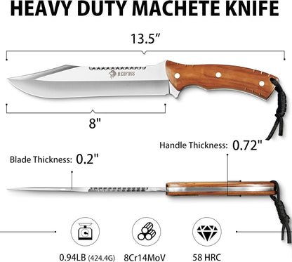 NedFoss 13.5" Machete Knife with Leather Sheath, Strong 8Cr14Mov Steel 0.22" Thick Blade Full Tang