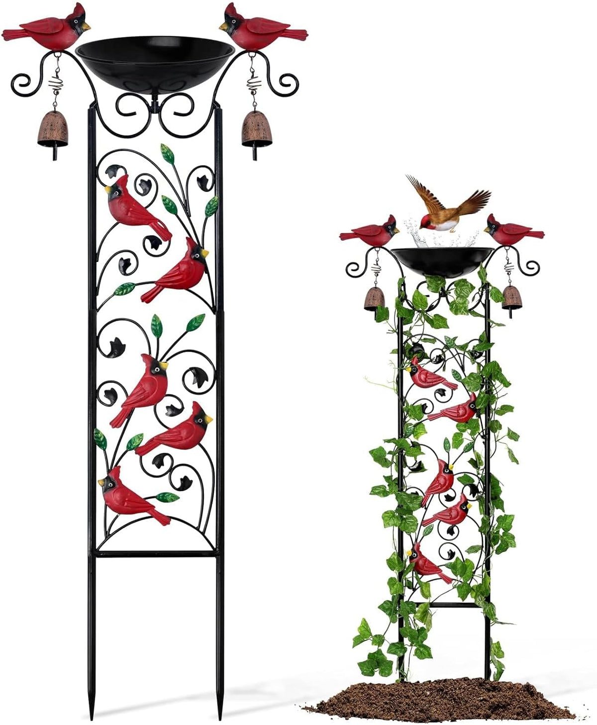 Cardinal Bird Bath Garden Trellis for Climbing Plants Outdoor Wind Chime Decor Red Birds Feeder