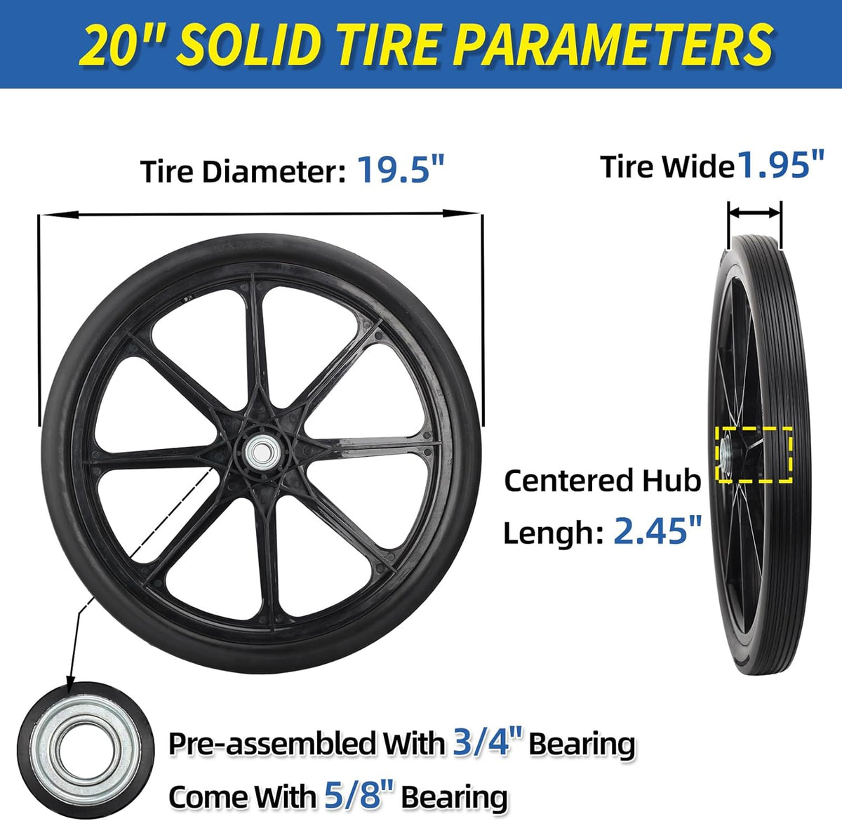 20" Flat Free Tire and Wheel, with 3/4" & 5/8" Bearing, 2.45" Centered Hub, Replacement Wheel For