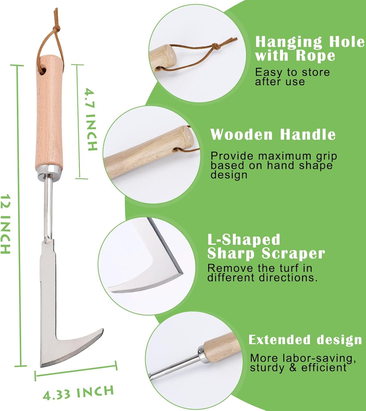 Crack Weeder, 12" Stainless Steel Crevice Weeding Tool with Wood Handle, L-Shaped Side-Walk Weed