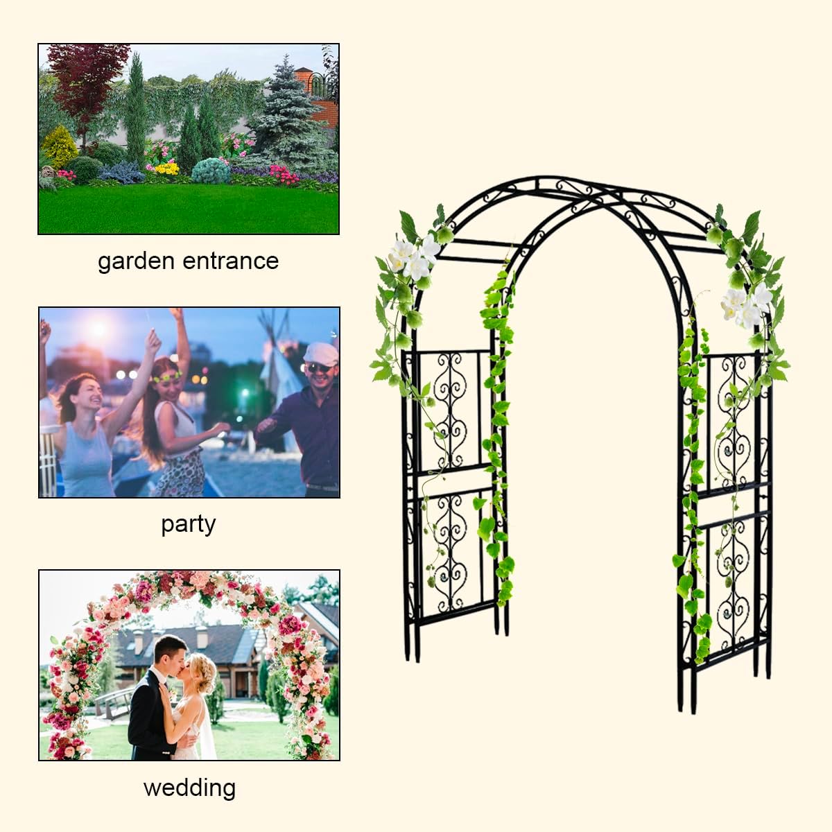 Teabelle Metal Garden Arbor Trellis, Black Arch for Climbing Plants, Wedding Outdoor Arch for