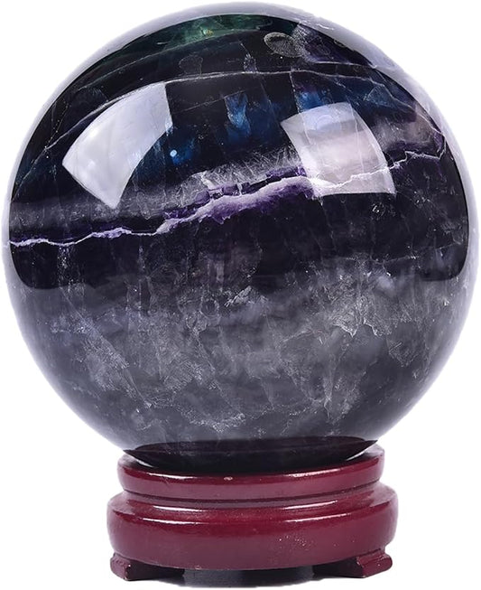 JIC Gem Large Colorful Fluorite Crystal Sphere Ball with Wooden Stand Fluorite Healing Decorative