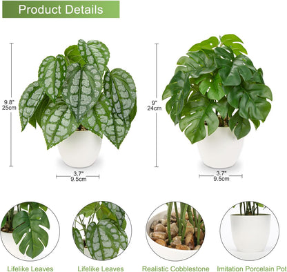 Fake Plants Small Artificial Plants Indoor Set of 2 Faux Plants with Pots Realistic Monstera Fake
