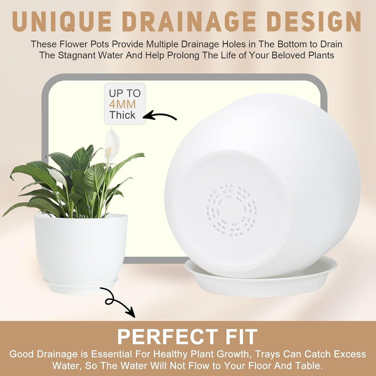 Plant Pots 10/9/8/7.5/7 inch Flower Pots with Multi Mesh Drainage Holes, Planters for Indoor