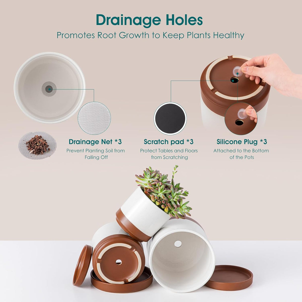 vancasso Ceramic Plant Pots, 3 Piece Planters for Indoor Plants, 4.25+5.25+6.25 Inch Flower Pots