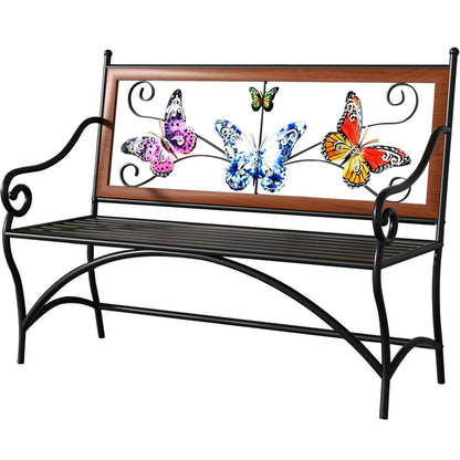39.7" Outdoor Bench, Garden Bench, Patio Bench with Armrest, Slatted Seat and Butterfly Pattern