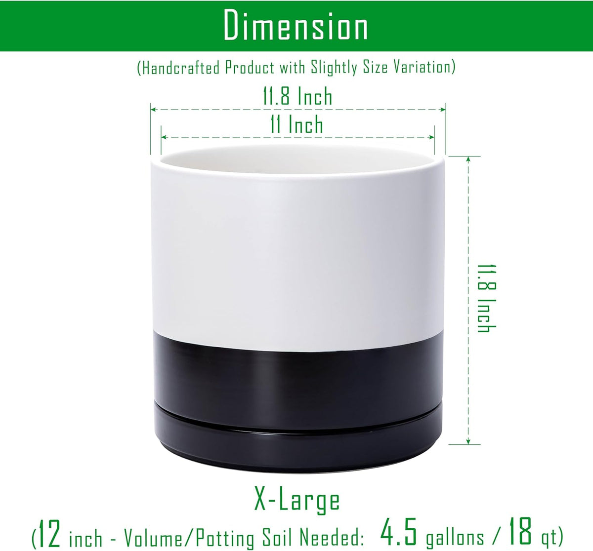 D'vine Dev 12 Inch Ceramic Planter Pot with Drainage Hole and Saucer, Indoor Cylinder Round Planter