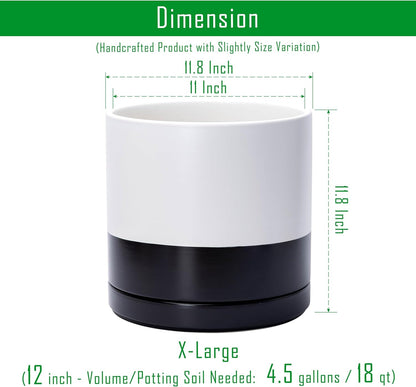 D'vine Dev 12 Inch Ceramic Planter Pot with Drainage Hole and Saucer, Indoor Cylinder Round Planter