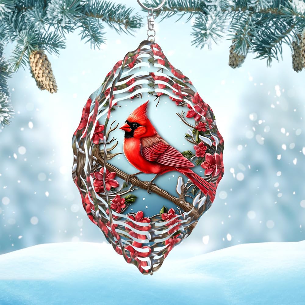 3D Red Cardinal Wind Spinner 10 Inch Stainless Steel Bird Wind Sculpture Kinetic Art Hanging