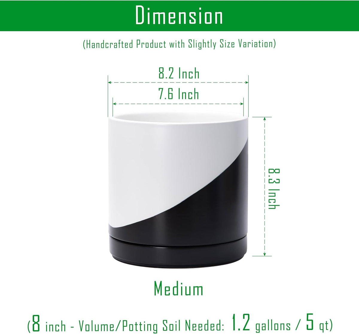 D'vine Dev 8.2 Inch Ceramic Planter Pot with Drainage Hole and Saucer, Indoor Cylinder Round