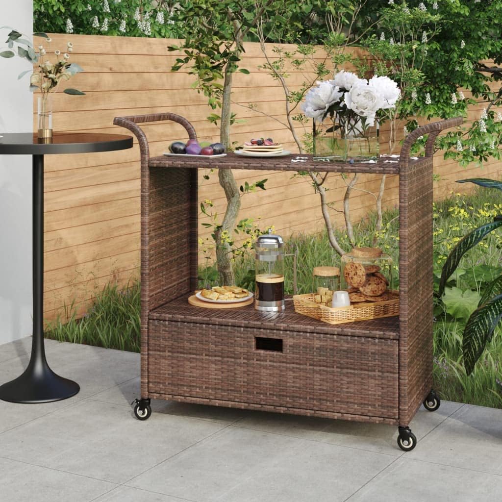 Outdoor Rolling Wicker Bar Cart with Drawer, Portable Bar Cart with Wheels, Patio Kitchen Island