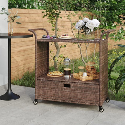 Outdoor Rolling Wicker Bar Cart with Drawer, Portable Bar Cart with Wheels, Patio Kitchen Island
