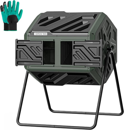 THEGROW'ING Updated 43 Gallon Compost Bin Outdoor, Fast Assemble Tumbling Composter, Dual Chamber