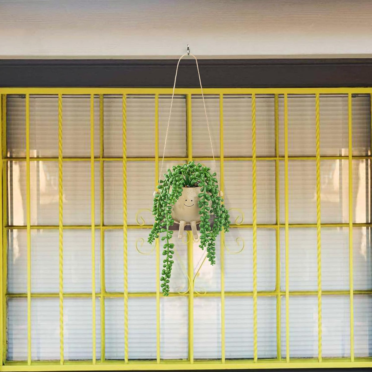 Artificial Succulents Hanging Plants Fake String of Pearls Trailing Plant in Cute Smiley Face Pot