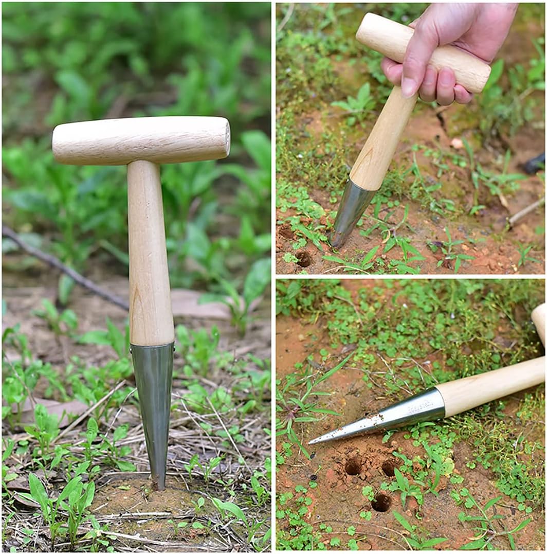 11" Stainless Steel Garden Dibber Bulb Planter with Wooden Handle, Bulb Planter for Sowing Seeds