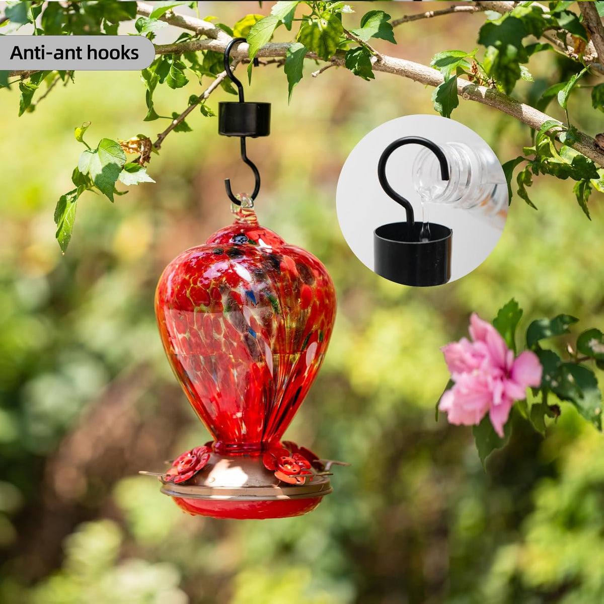 Gifts for Mom 34OZ Hand Blown Glass Hummingbird Feeders for Outdoors Hanging, with Ant Moat Humming