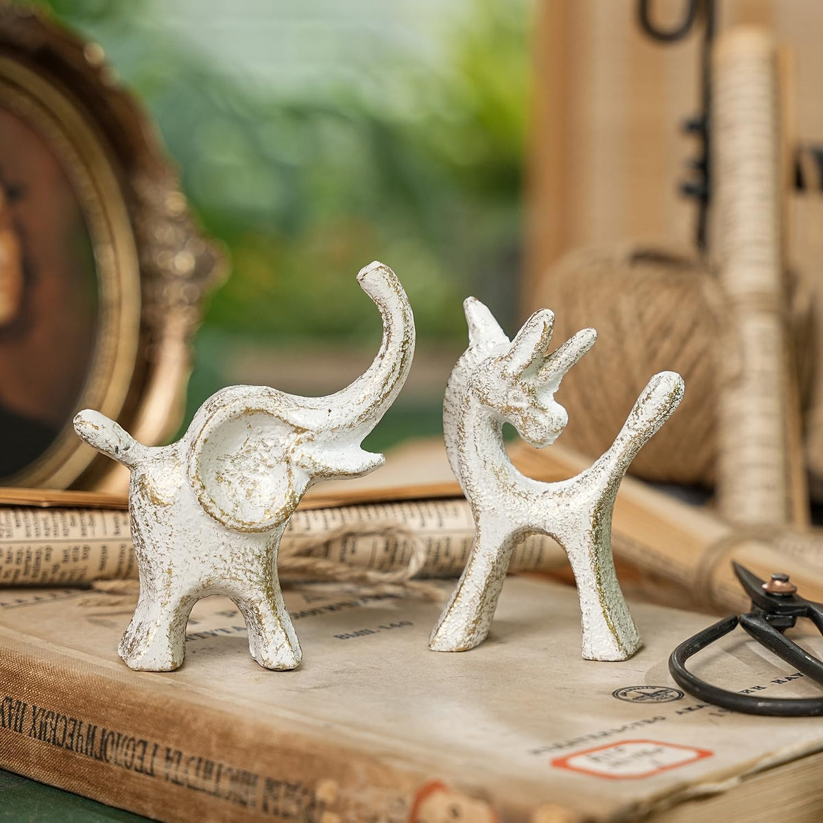 Sungmor Set of 2 Cast Iron Elephant & Unicorn Figurines - Rustic White Animal Sculptures for Shelf