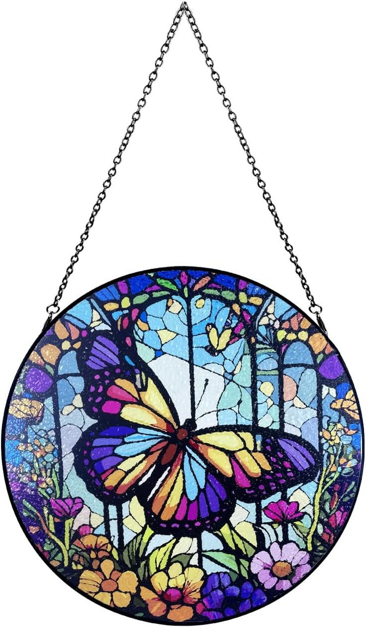 12''Stained Glass,Large Butterfly Decor Window Hanging,Handmade for Window Decoration,Painted