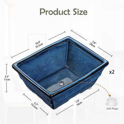 Set of 2 Large Blue Glazed Ceramic Bonsai Pots, 10" Rectangular Bonsai Planters Pots with Drainage