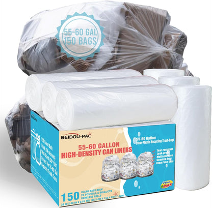 55-60 Gallon Trash Bags, 150 Count Bulk, Heavy Duty Clear Plastic Recycling Garbage Bags