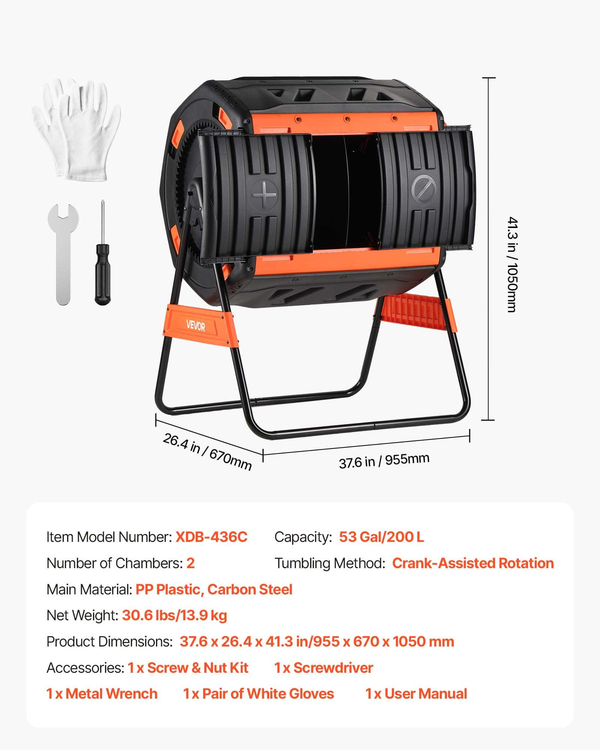 VEVOR Compost Tumbler, 53 Gallon Dual Chamber Outdoor Tumbling Composter with 2 Sliding Doors and