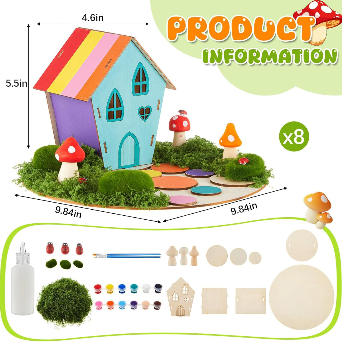 Kathfly 8 Sets Wooden Fairy House Craft Kit, Fairy Garden Kit with Paints & Decorations, Unpainted