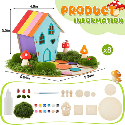 Kathfly 8 Sets Wooden Fairy House Craft Kit, Fairy Garden Kit with Paints & Decorations, Unpainted