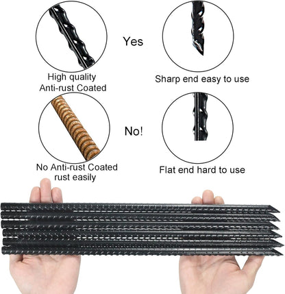 16 Inch Ground Rebar Stakes Heavy Duty Steel Ground Anchors for Outdoor, Straight Metal Stakes with