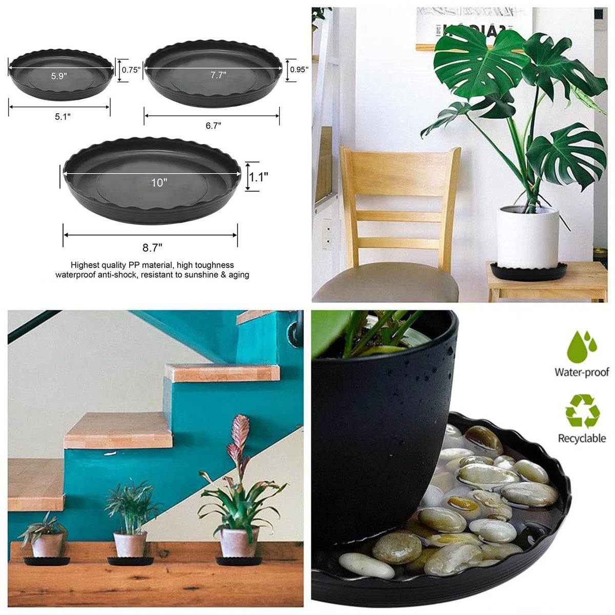 ECOESPTI 12Pcs Plant Saucer, 6 8 10 Inch Durable Plastic Plant Tray, Black Round Plant Pot Saucers