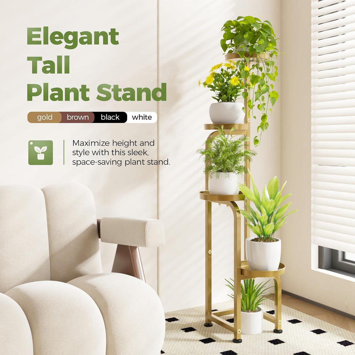 Bamworld Corner Plant Stand Indoor Outdoor, Tall Metal Flower Pot Stands for Multiple Plants, 4