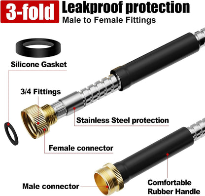 Garden Hose 50 ft, Stainless Steel Metal Water Hose 50 Feet with Nozzle, Flexible, Rust Proof