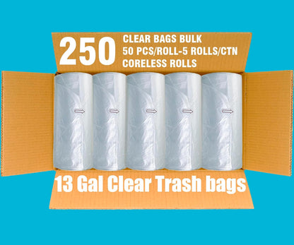 Trash Bags 13 Gallon, 250 Count Bulk, Clear Plastic Recycling Garbage Bags, Multi-purpose Tall