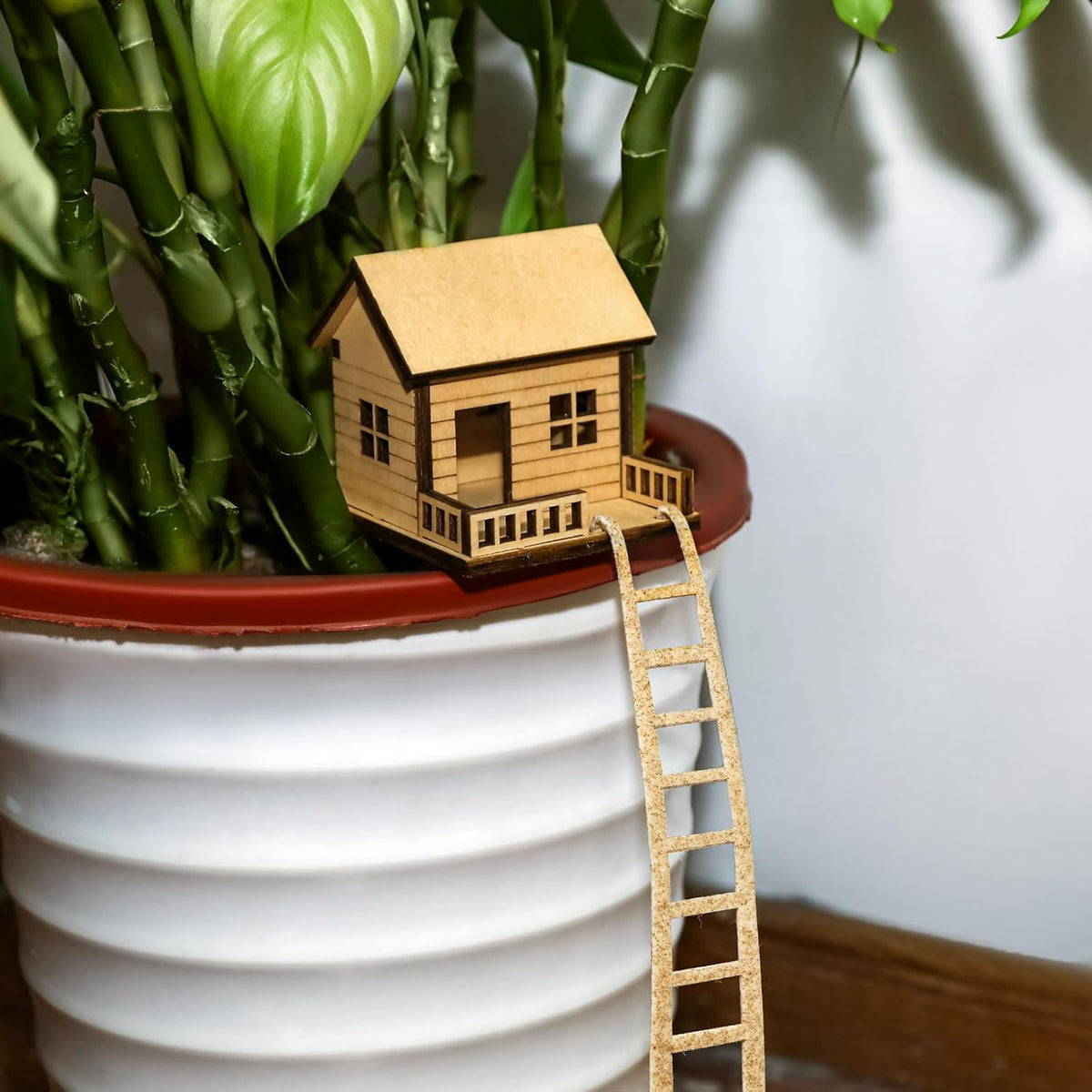 Mini Wooden Treehouse with Ladder – Plant Mini Treehouse, Miniature Flower Pot Tree House, Fairy